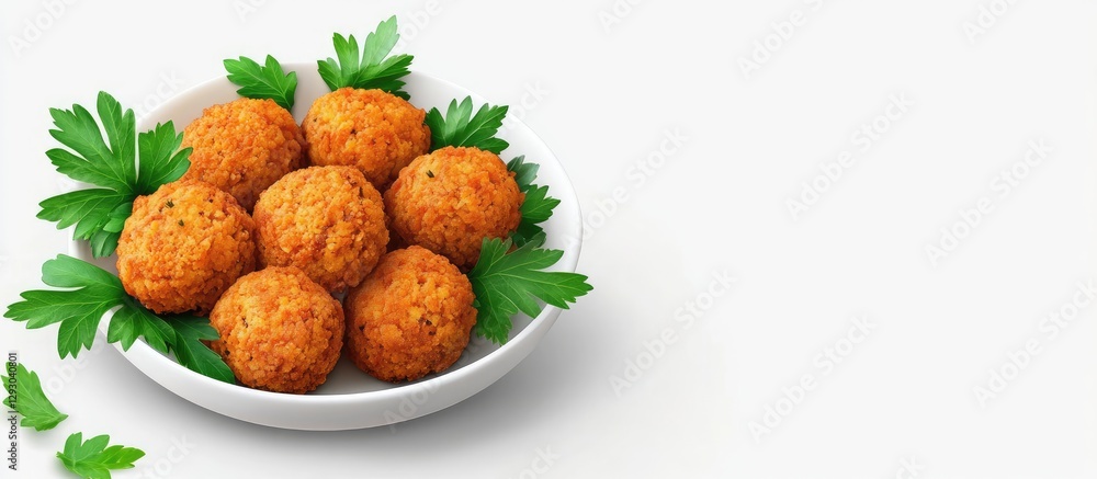 Aufkleber fried falafel balls arranged in a white bowl on a white surface surrounded by fresh parsley leaves c