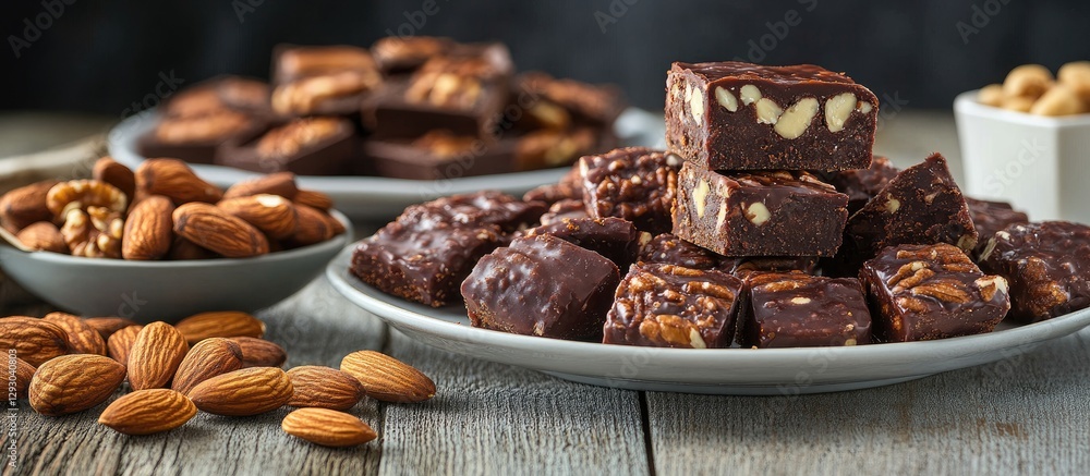 Poster delicious assortment of dark chocolate fudge and nuts in white and blue bowls on rustic wooden table