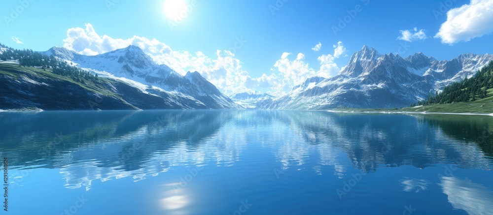Aufkleber Serene panoramic view of a tranquil mountain lake reflecting snowy peaks under a bright blue sky with fluffy clouds and sunlit water surface