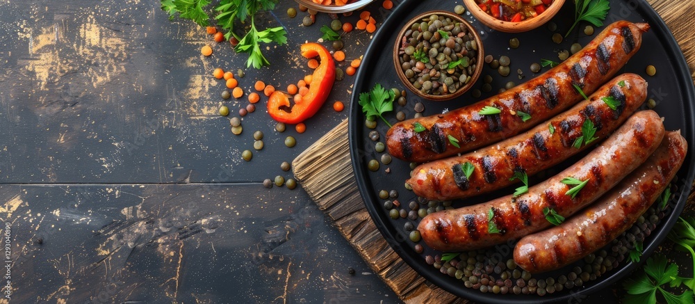 Poster rustic top view of grilled sausages on a dark round plate with lentils garnished with herbs and pepp
