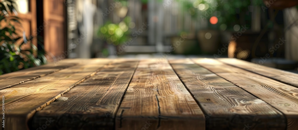 Fototapete wooden table top perspective with textured brown planks in foreground and softly blurred greenery ba