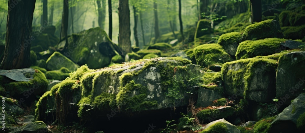 Fototapete moss-covered large rocks in a lush green forest with dappled sunlight filtering through trees showca