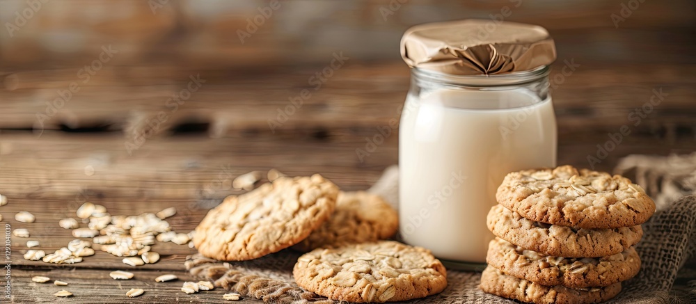 Poster oatmeal cookies stacked beside a glass jar of milk on a rustic wooden table, scattered oats creating