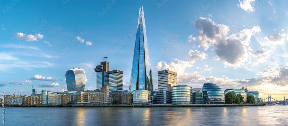 Aufkleber panoramic view of modern skyscrapers against a blue sky with clouds reflecting on water showcasing i