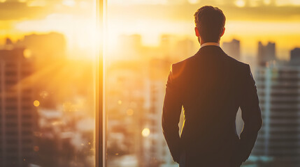 The CEO in suit stands by window, gazing at sunset over city skyline, reflecting on decisions and future possibilities