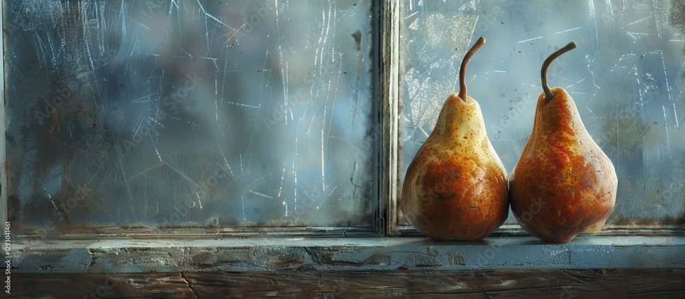 Leinwandbilder Rustic still life of two large pears in warm tones on a misty aged blue window with serene background and ample copy space for text