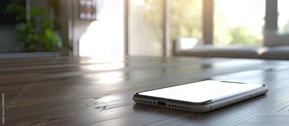 Poster modern smartphone lying on a wooden table in a minimalist setting with natural sunlight and greenery