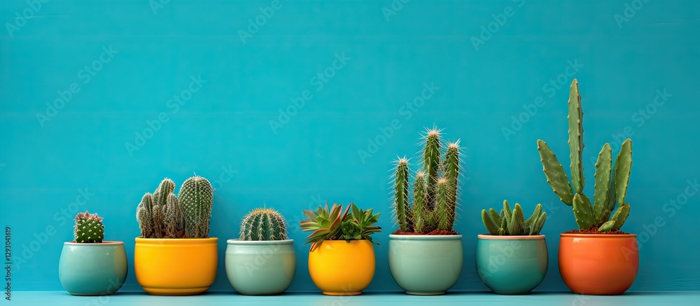 Poster colorful pots of decorative cacti arranged on a table against a vibrant turquoise wall creating a li