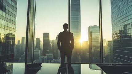 Fototapeta premium Businessperson Contemplating City Skyline at Sunrise