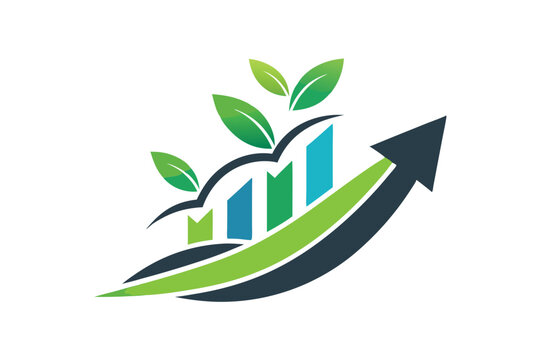 A clean logo illustrates growth with green foliage, upward bars, and an arrow representing progress, Design a minimalist logo that represents growth and progress