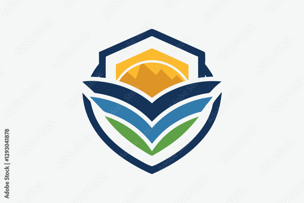 Poster the design showcases a modern shield logo, integrating mountains and layered waves in two distinct c