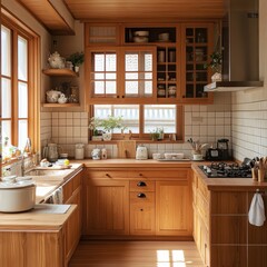 A cozy kitchen is decorated with light colored wood