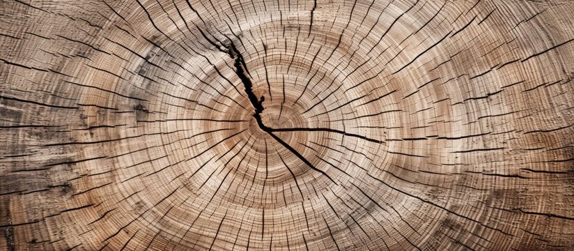 Aged tree trunk close-up showcasing concentric growth rings and prominent cracks in warm brown tones with intricate texture and natural patterns.