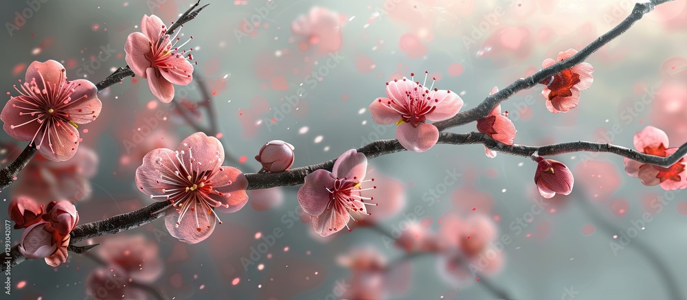 Poster delicate pink blossoms on a slender peach tree branch against a soft blurred background with gentle 