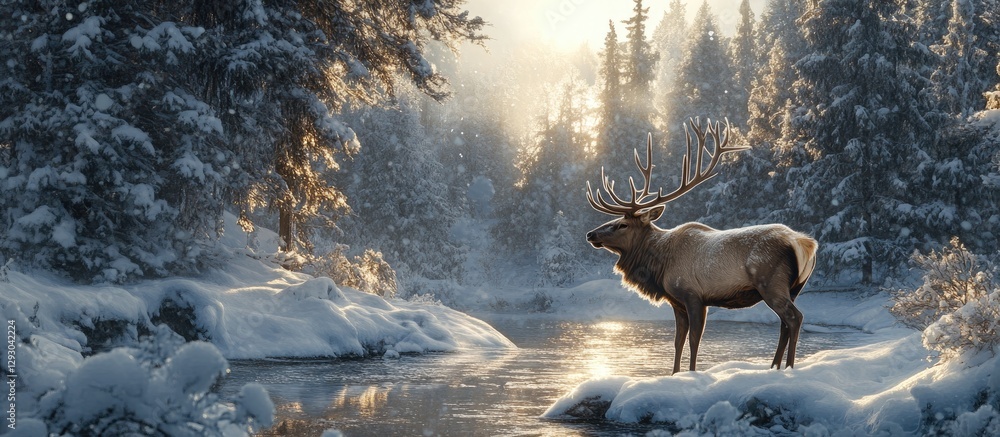 Aufkleber Majestic elk standing near a serene stream in a snowy forest surrounded by tall pine trees under soft golden sunlight filtering through branches