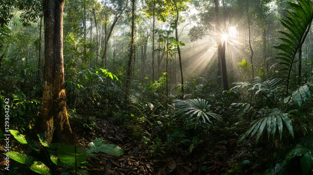 Poster serene forest scene with sunlight filtering through dense trees, creating tranquil atmosphere