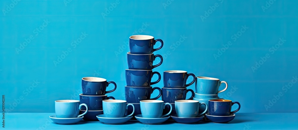 Poster stacked blue cups in varying shades from dark to light on a vibrant turquoise background create an a