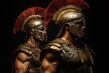 Obraz premium Roman legionaries wearing helmets and armor posing together