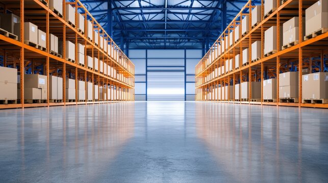 A bright, spacious warehouse interior featuring organized shelving units filled with goods, emphasizing a clean and efficient storage environment.cargo management warehouse scheduling
