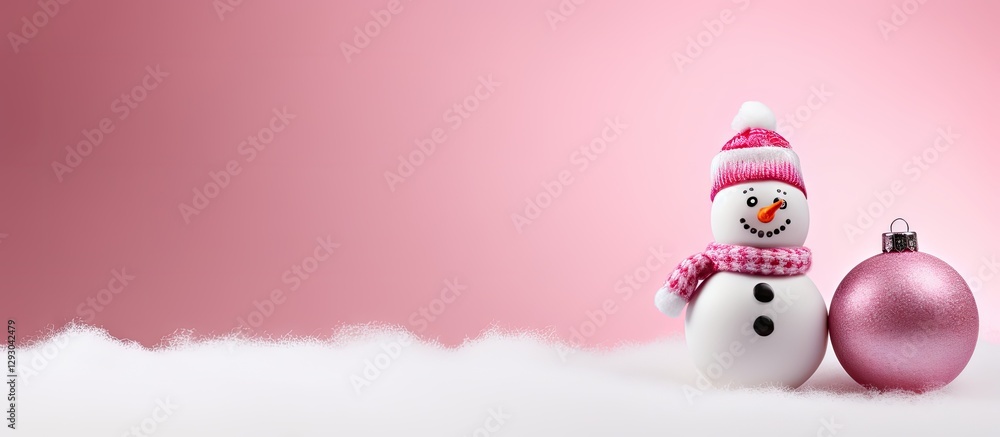 Aufkleber decorative snowman with pink scarf and bauble on soft pink background with white snow, positioned ri