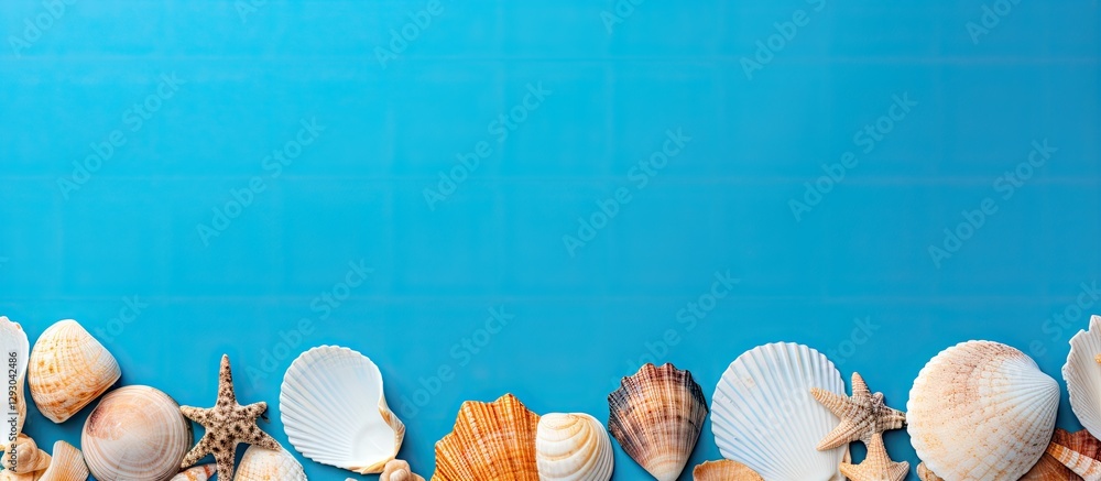 Poster Seashells and starfish arranged at the bottom on a bright turquoise background creating a coastal and summery atmosphere.