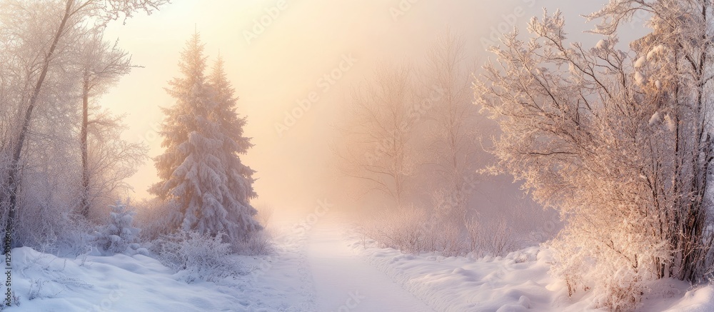 Aufkleber winter forest pathway enveloped in soft morning fog with pale pink and warm gold hues illuminating s