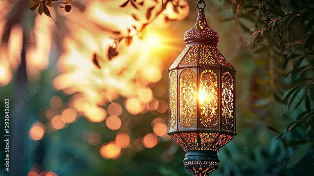 Poster enchanting lantern casting warm light in a tranquil garden at sunset with vibrant bokeh effects