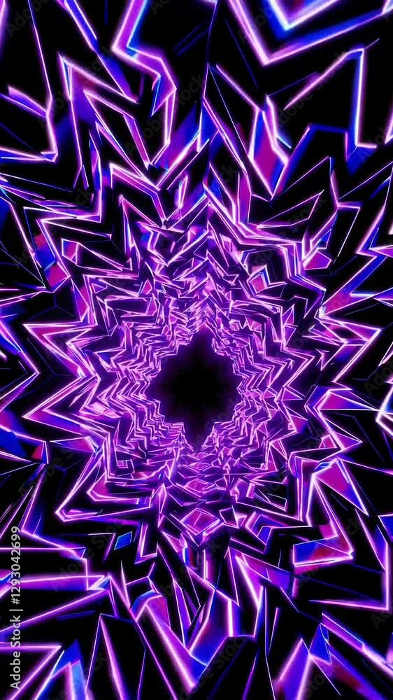 Poster kaleidoscopic neon tunnel animation with vibrant geometric patterns and dynamic motion
