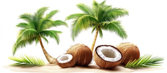 Obraz premium Coconuts with green palm leaves on a sandy beach with a white background, showcasing natural tropical elements in vibrant greens and browns.