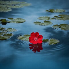 A red geranium floating gently on a still blue pond.