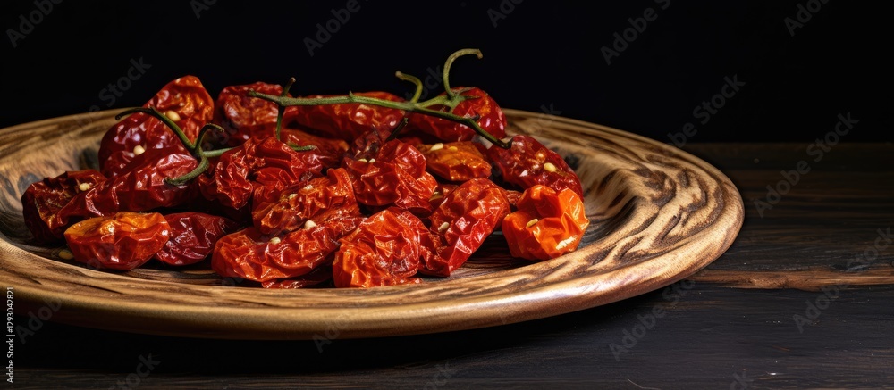 Poster Dried tomatoes on a rustic plate in warm red and brown tones positioned to the right with ample dark space on the left for text or images