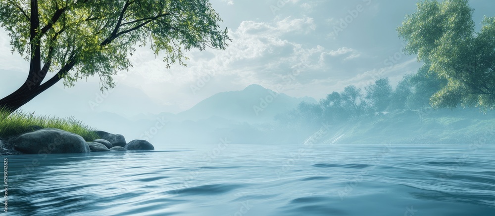 Poster serene flowing river with swift turquoise waters against a backdrop of misty green hills and lush tr