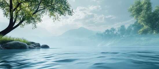Serene flowing river with swift turquoise waters against a backdrop of misty green hills and lush trees, featuring space for text overlay