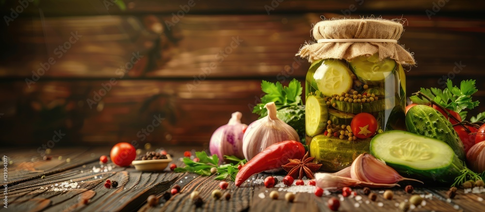 Poster jar of pickled cucumbers with garlic and tomatoes on a rustic wooden table surrounded by fresh herbs