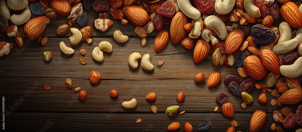 Poster assorted nuts and dried fruits scattered on a dark rustic wooden table showing almonds cashews hazel