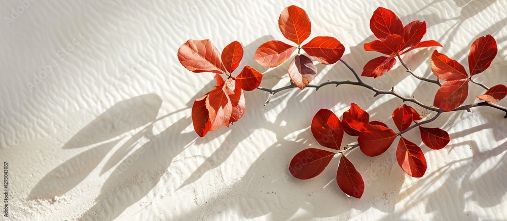 Poster vibrant red ketapang leaves from terminalia catappa branch elegantly arranged on a soft white sandy 