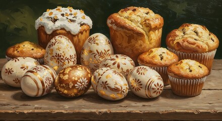 Easter Eggs and Bread Artistic Still Life