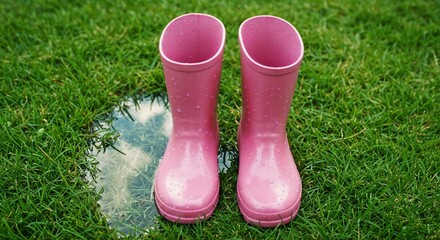 Shiny Pink Rainboots Sitting Wetly on Grass against Grass Background