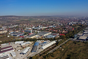 Factories in suburban industrial area aerial view