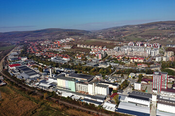 Aerial view of suburban city industrial area buildings