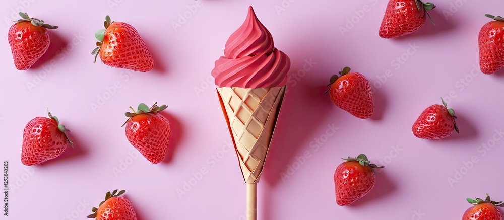 Poster pink strawberry soft serve ice cream in a waffle cone with fresh strawberries on a light purple back