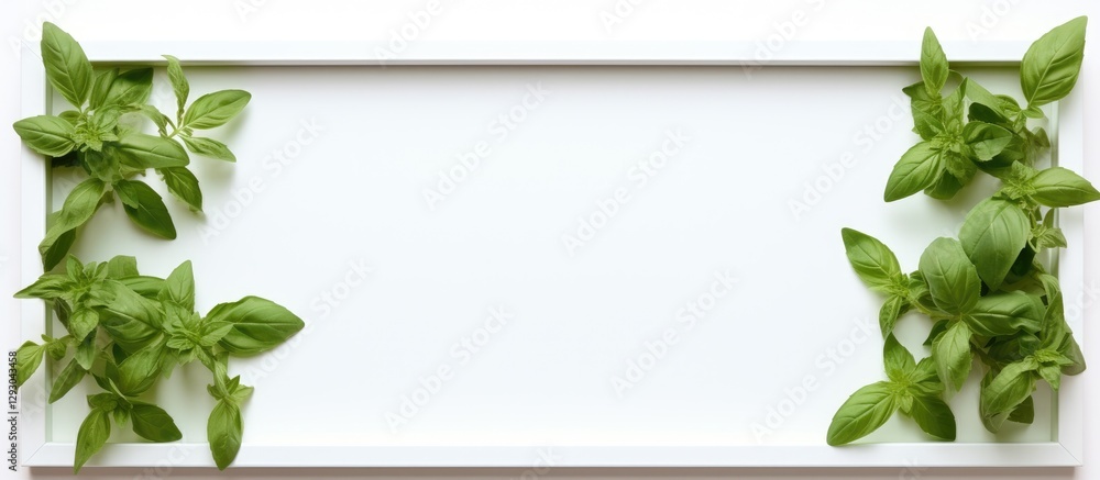 Poster botanical frame design featuring fresh green basil leaves on a white background creating a soothing 