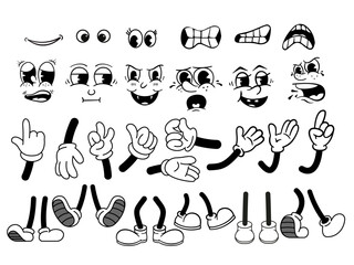 set of funny cartoon Vintage mouth, hand, foot and face. Vector comic groovy emotion black and white