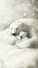 Fototapeta premium Polar bear mother cuddling her adorable cub in a snowy landscape