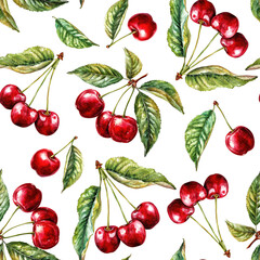 Watercolor seamless hand-painted pattern of red cherries with green leaves on a white background