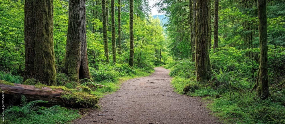 Aufkleber lush green forest path winding through tall trees with sunlight filtering through foliage creating a