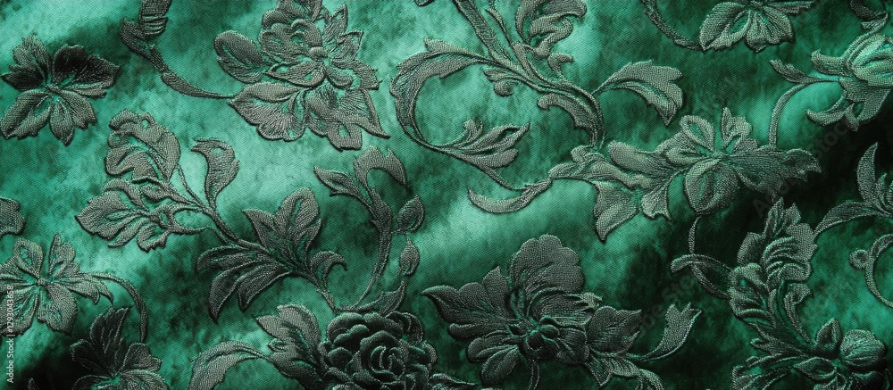 Poster elegant green velvet fabric with intricate dark floral patterns, showcasing a rich texture and a ble