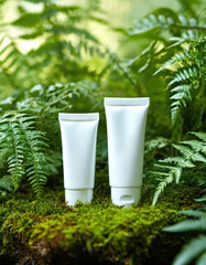 Stock photo of eco-friendly cosmetic tubes placed on a bed of fresh green leaves, with soft natural lighting highlighting the organic skincare concept