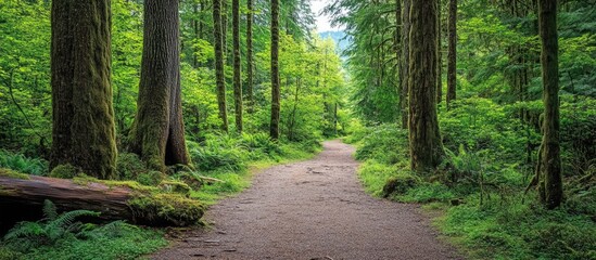 Fototapeta premium Lush green forest path winding through tall trees with sunlight filtering through foliage creating a serene and enchanting natural atmosphere