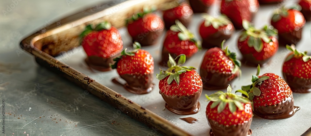 Poster chocolate dipped strawberries arranged neatly on a baking sheet with brown and green tones, showcasi